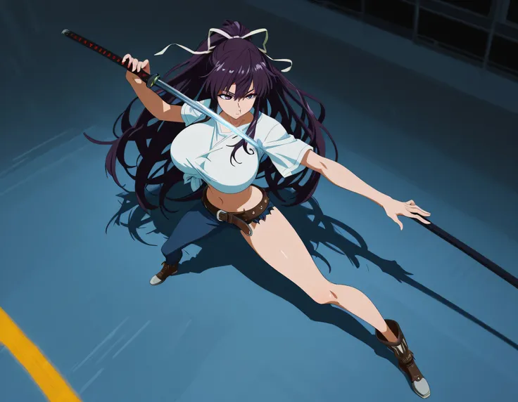 masterpiece masterpiece, ultra-HD, impressionism, high detail, best quality, very aesthetic, 8k, best quality, beautiful, anime coloring , score_9, score_8_up, score_7_up, score_6_up, score_5_up, score_4_up , Kaori Kanzaki , purple eyes , long hair , ribbo...