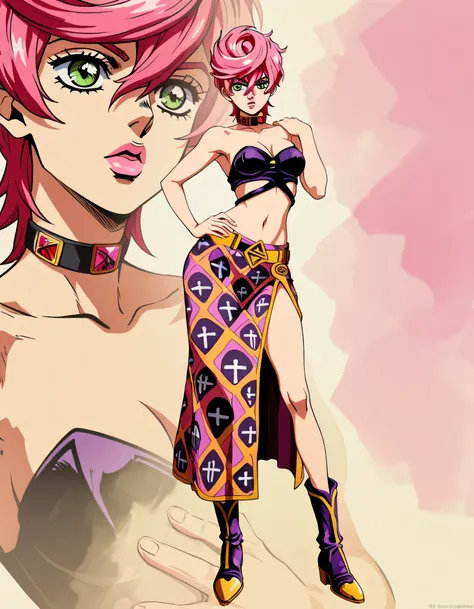 masterpiece masterpiece, ultra-HD, impressionism, high detail, best quality, very aesthetic, 8k, best quality, beautiful, anime coloring , Monika Trish Una , jojo , solo, pink hair, short hair, official style, green eyes, pink lips, lips , lipstick, closed...