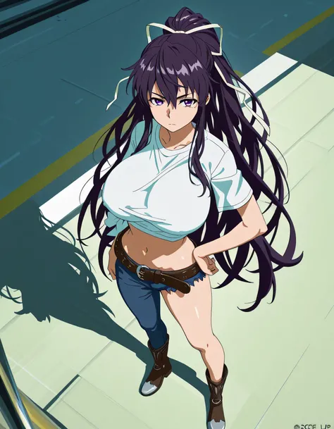 masterpiece masterpiece, ultra-HD, impressionism, high detail, best quality, very aesthetic, 8k, best quality, beautiful, anime coloring , score_9, score_8_up, score_7_up, score_6_up, score_5_up, score_4_up , Kaori Kanzaki , purple eyes , long hair , ribbo...