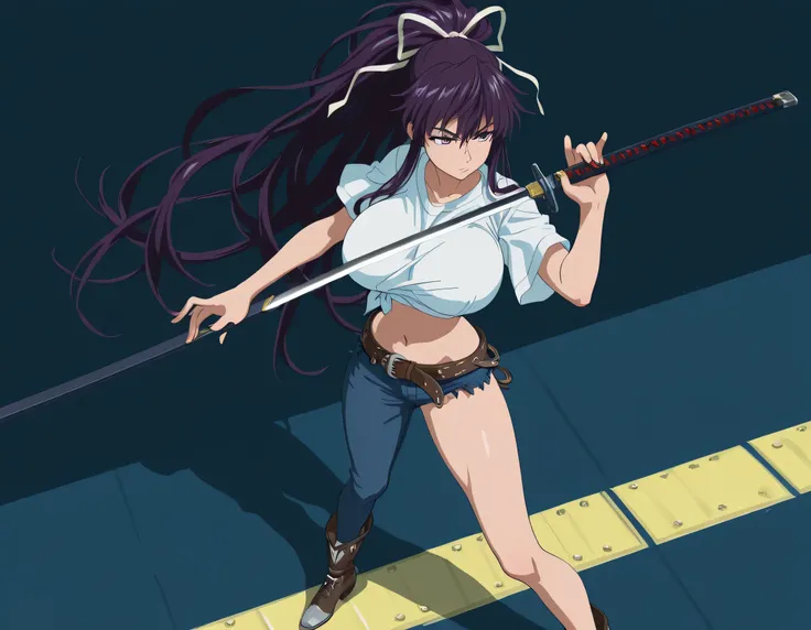 masterpiece masterpiece, ultra-HD, impressionism, high detail, best quality, very aesthetic, 8k, best quality, beautiful, anime coloring , Kaori Kanzaki , purple eyes , long hair , ribbon , huge breasts , asymmetrical clothes , short white T-shirt , knot a...