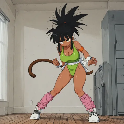 toon (style),drgbls1, masterpiece, best quality, amazing quality, (score_9, score_8_up, score_7_up), 8K, 1girl, tomboyish, adult, dark skin, black hair, spiky hair, spiked hair, spiked bangs, long ponytail, fluffy pony tail, waist-long ponytail, monkey tai...