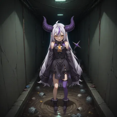 anime, lazypos, in sewer, sewer hallway, low standing water, dirty water, garbage, garbage in water, cracked walls, pipeworks, hanging wires, 1girl, dirty, ct_l4plus, flat chest, metal collar, purple coat, yellow ascot, sleeves past fingers, single thighhi...