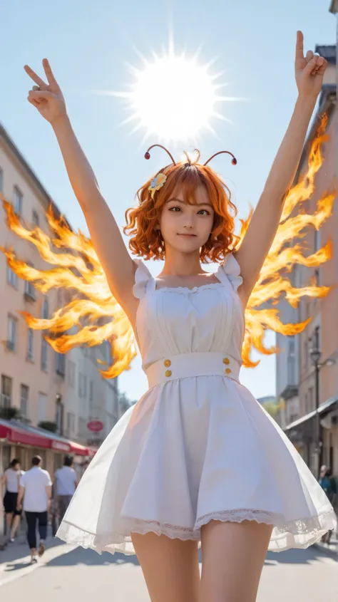 one girl standing、 shot his whole body from the front、 best image quality、Greatest Masterpiece、Super Detailed、High Resolution、Extremely Detailed CG、 sandori, sun girl, burning hair, red and orange hair, messy hair, short hair, fluffy wavy hair, sun hair a...