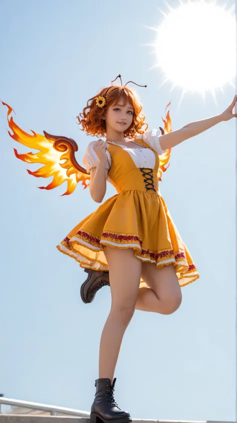 one girl standing、 shot his whole body from the front、 best image quality、Greatest Masterpiece、Super Detailed、High Resolution、Extremely Detailed CG、 sandori, sun girl, burning hair, red and orange hair, messy hair, short hair, fluffy wavy hair, sun hair a...