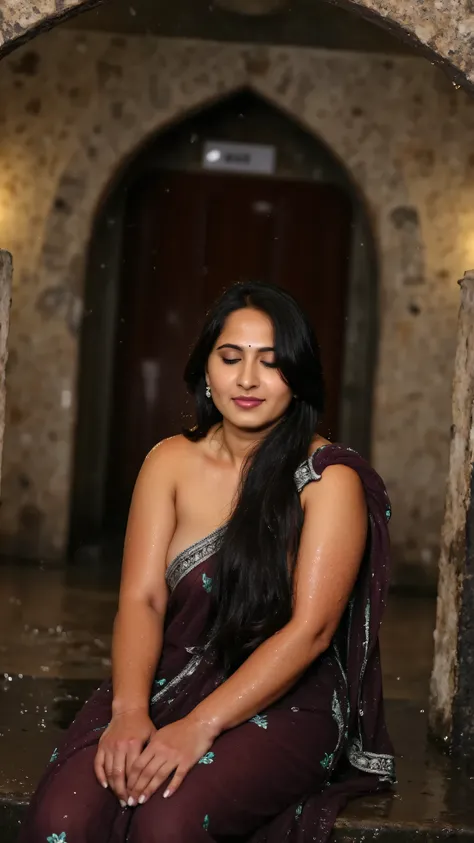 A melancholic yet beautiful portrait of a woman sitting under the archway of an old palace, her rain-drenched purple saree with green accents wrapped around her. A soft breeze carries the scent of wet earth as she watches the raindrops dance on the stone f...