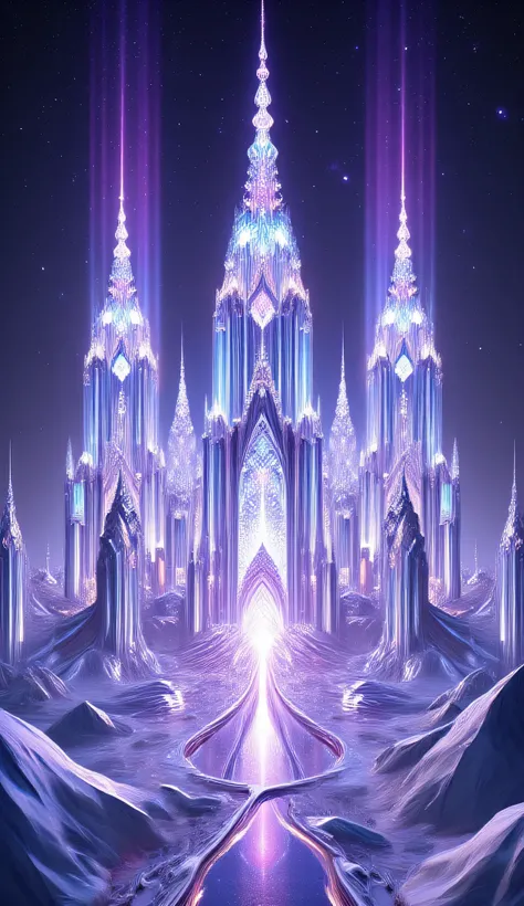 Colossal palace composed entirely of multifaceted crystals, each surface acting as a mirror to the stars, gentle violet haze drifting through frozen valleys around it, geometric towers forming symmetrical patterns, magical and dreamlike presence.