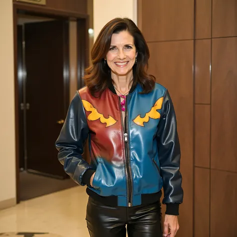 A 1960s leather bomber jacket is worn by a 52 year old woman, the jacket is painted leather with a design inspired by Warhol, The jacket is predominantly blue and red hues with yellow accents, the woman wears black leather pants, the woman is in a high end...