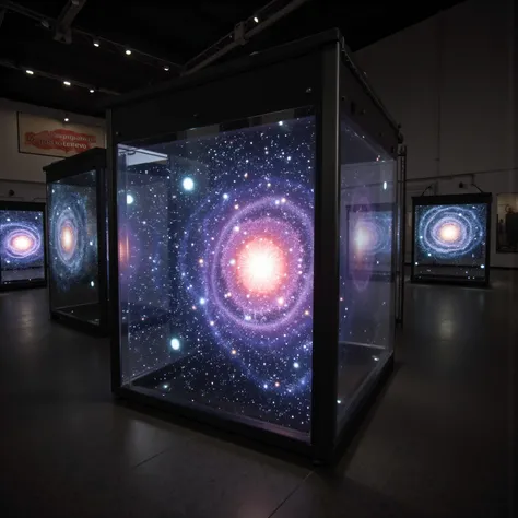 A radiant sparkling galaxy enclosed inside of a glass cube in a large room containing other glass cubes that have unique galaxies enclosed within, a sign on the wall “INTERGALACTIC RESERVES”