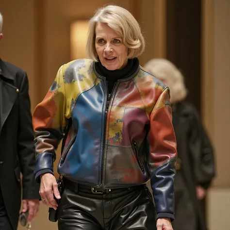 A 1960s leather bomber jacket is worn by a 52 year old woman, the jacket is painted leather with a design inspired by Warhol, The jacket is predominantly blue and red hues with yellow accents, the woman wears black leather pants, the woman is in a high end...