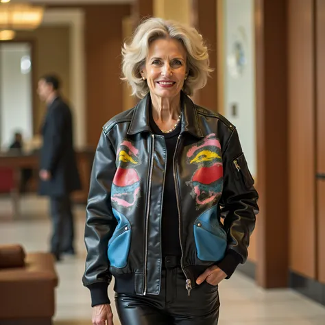 A 1960s leather bomber jacket is worn by a 52 year old woman, the jacket is painted leather with a design inspired by Warhol, The jacket is predominantly blue and red hues with yellow accents, the woman wears black leather pants, the woman is in a high end...