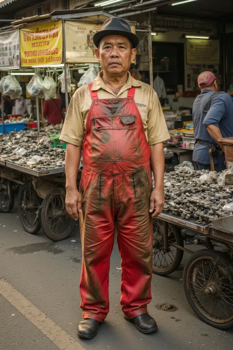 A mechanic wearing grease and oil stained ToytTRDMechsCvrlls that are red and beige, the man is standing in the Yaowarat market street, the man is near a street vendor of automotive parts, the man is 74 years old Asian and moderately obese, it is sunset
