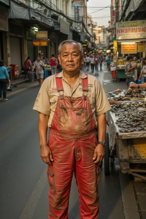 A mechanic wearing grease and oil stained ToytTRDMechsCvrlls that are red and beige, the man is standing in the Yaowarat market street, the man is near a street vendor of automotive parts, the man is 74 years old Asian and moderately obese, it is sunset