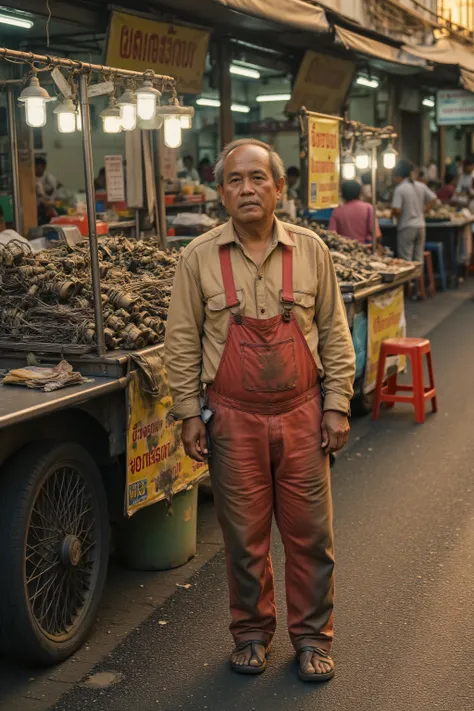 A mechanic wearing grease and oil stained ToytTRDMechsCvrlls that are red and beige, the man is standing in the Yaowarat market street, the man is near a street vendor of automotive parts, the man is 74 years old Asian and moderately obese, it is sunset