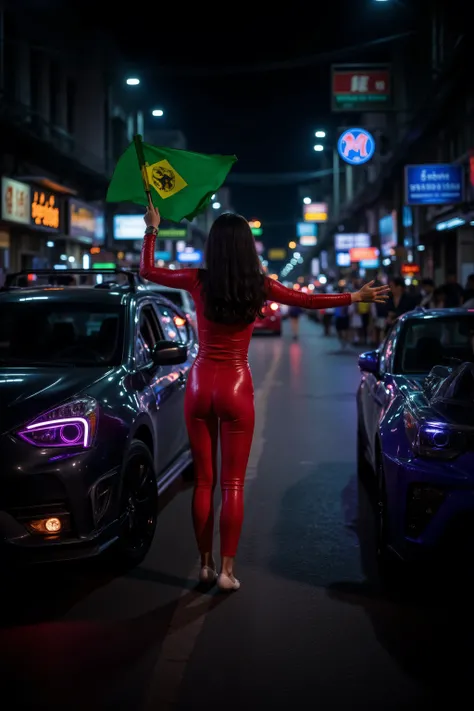 a photograph taken of a scene on Yaowarat street of two neon lit cars racing at midnight, a 28 year old woman wearing a tight red latex suit holds a green flag in her right hand