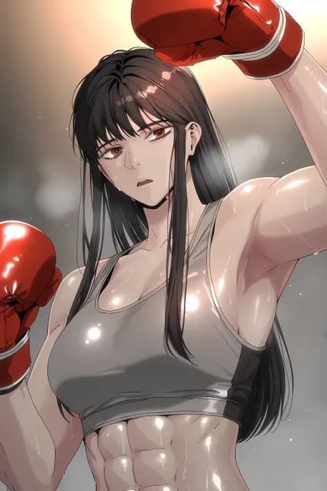 1girl, solo, young mature, ihwa, long hair, red eyes, black hair, ringed eyes, sidelocks, (ringed eyes:0.8), medium breast, toned female, abs, shiny body, sports bra, boxing gloves, sweating, armpit, open mouth