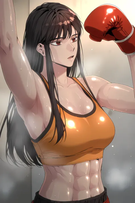 1girl, solo, young mature, ihwa, long hair, red eyes, black hair, ringed eyes, sidelocks, (ringed eyes:0.8), medium breast, toned female, abs, shiny body, sports bra, boxing gloves, sweating, armpit, open mouth