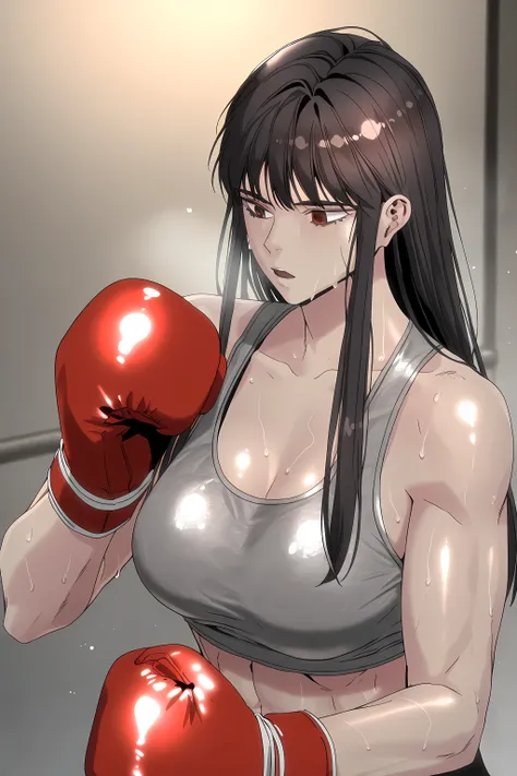 1girl, solo, young mature, ihwa, long hair, red eyes, black hair, ringed eyes, sidelocks, (ringed eyes:0.8), medium breast, toned female, abs, shiny body, sports bra, boxing gloves, sweating, open mouth