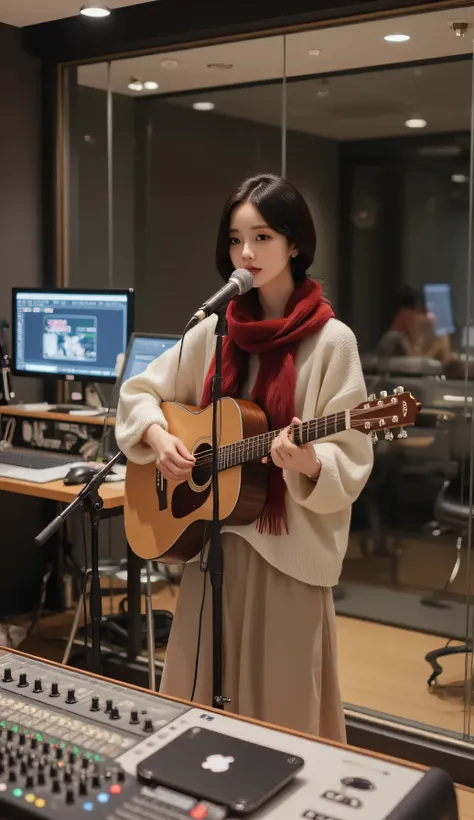 jiyeon_oc:1.2, A realistic scene inside a K-pop entertainment company’s recording studio during a private audition.
A girl is standing in a horizontally wide glass-wall recording booth, playing the guitar and singing.
She has mid-short black hair, With a...