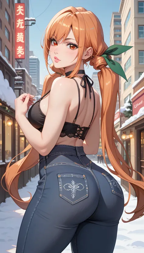 masterpiece, best quality, highly detailed, ultra high res, 1girl, solo, karane_inda, 22yo, brown eyes, orange hair, very long hair, low twintails, green ribbon, hair ribbon, black choker, light pink lips, full lips, ass, thick thighs, medium waist, city, ...