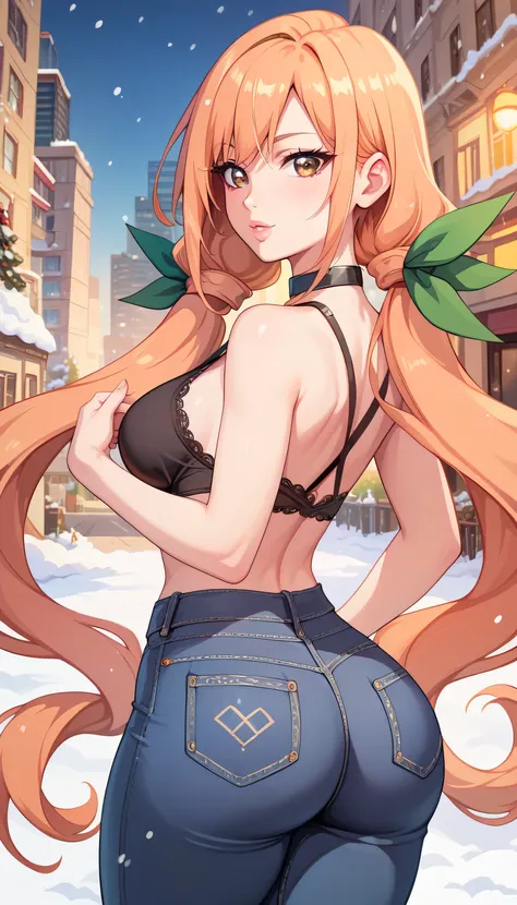 masterpiece, best quality, highly detailed, ultra high res, 1girl, solo, karane_inda, 22yo, brown eyes, orange hair, very long hair, low twintails, green ribbon, hair ribbon, black choker, light pink lips, full lips, ass, thick thighs, medium waist, city, ...