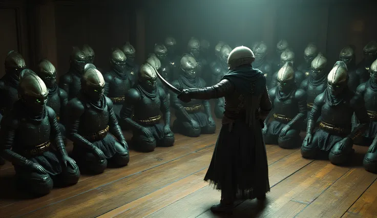 The Hissho, Endless space, dramatic sci-fi dojo scene, group of armored alein warriors, kneeling in rows on a wooden floor, wear sleek metallic helmets with glowing green visors, segmented armor plates, hooded scarves, tactical clothing, commanding warrior...