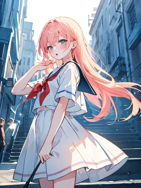 masterpiece, top quality, , 8k, Official Art, Movie Lighting, 1 girl, sailor suit,、I'm not wearing a skirt、 Barefoot, Sweaty feet、sitting, on the bed, bedroom,blushing、Both hands on crotch、open mouth、uncensored、18ban、masturbating、looking upwards、above...