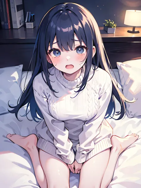 masterpiece, top quality, , 8k, Official Art, Movie Lighting, 1 girl, white sweater, Barefoot, Sweaty feet、sitting, on the bed, bedroom,blushing、crying face、Both hands on crotch、open mouth、uncensored、18ban、masturbating、angle from above、looking upwards、abo...