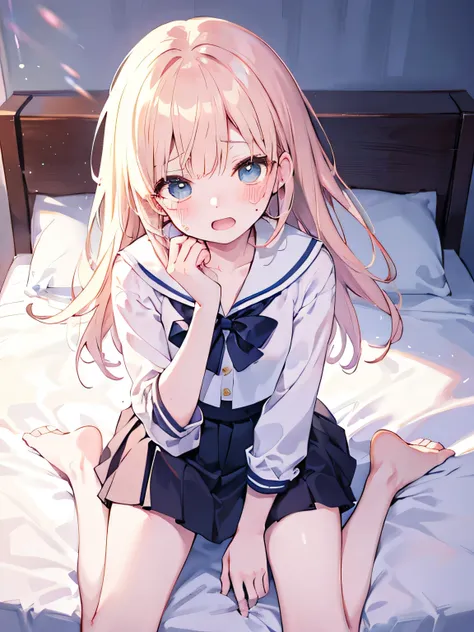 masterpiece, top quality, , 8k, , Movie Lighting, 1 girl, 白いsailor suit, I'm not wearing a skirt、no skirt ,Barefoot, Sweaty feet、sitting, on the bed, bedroom,blushing、crying face、Both hands on crotch、open mouth、uncensored、、masturbating、angle from abov...