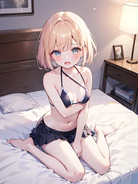 masterpiece, top quality, , 8k, , Movie Lighting, 1 girl, 白いbikini swimsuit next to viewers, I'm not wearing a skirt、no skirt ,Barefoot, Sweaty feet、sitting, on the bed, bedroom,blushing、crying face、Both hands on crotch、open mouth、uncensored、、masturba...