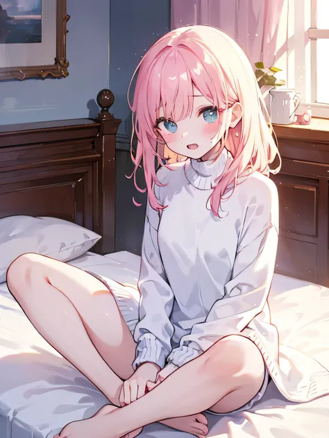 masterpiece, top quality, , 8k, Official Art, Movie Lighting, 1 girl, white sweater dress, Barefoot, Sweaty feet、sitting, on the bed, bedroom,blushing、Both hands on crotch、open mouth、uncensored、18ban、masturbating、looking upwards、above、square、slouched eyes...