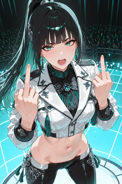 masterpiece, best quality, ultra-detailed, 8k, anime style, 1girl, long black high ponytail, straight bangs, (thick eyebrow), teal-green eyes, downcast eyes, mole under left eye, cool serious expression, screaming, slender build, small breastp, navel, mili...