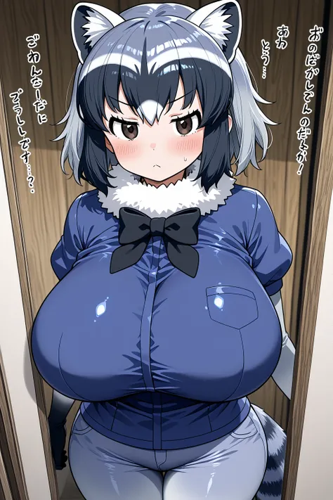 Common Raccoon (kemono friends), huge breasts, cowboy shot