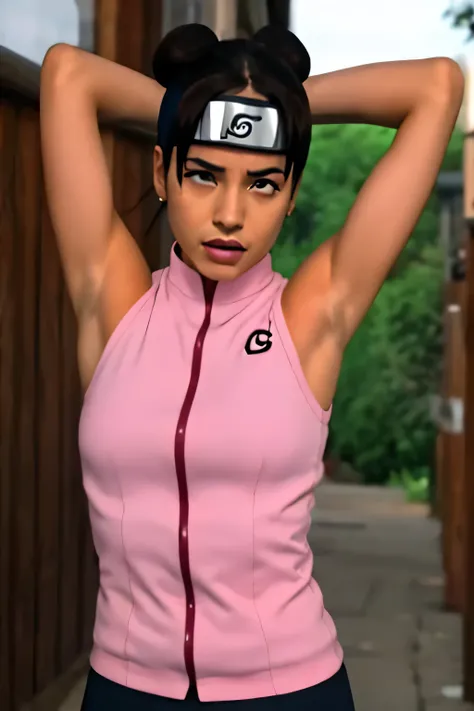 Tenten,human woman with fair skin and slight tan.with brown eyes and pink clothing. Her hair is long and brown in color; She is beautiful. Fair skin.Tsundere face. Pink eye shading,mature appearance,armpits,sweat,sweaty,sweaty armpits,arms up,showing armpi...