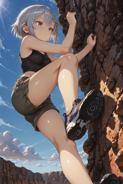 Angle from directly below. (Rock climbing scene:1.3), (steep vertical high-altitude cliff:1.4), haruone climbing, (climbing pick deeply embedded in the rock surface:1.4).

Shiny skin, Babe, character, haruone.
masterpiece, best quality, high resolution, 8k...