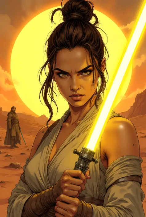 Comic art.  Score_9, score_8_up, score_7_up, ((highest quality)), ((masterpiece)), Perfect Face, (High definition), (Best Shadow), 8k, cinematic. 
a young jedy, Rey Skywalker, beautiful woman, brown messy bun hair, yellow eyes and light slightly tanned, we...