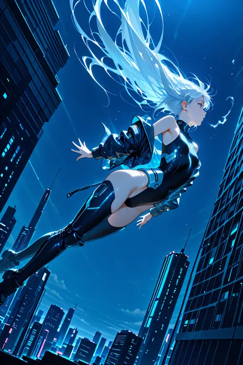 upside-down, backflip,masterpiece, high resolution, an anime girl, armored girl, cute face, detailed face, very long hair, white hair, blue eyes, from below, low angle, from side, profile, skydiving, upside-down, dynamic angle, dynamic action, ((falling do...