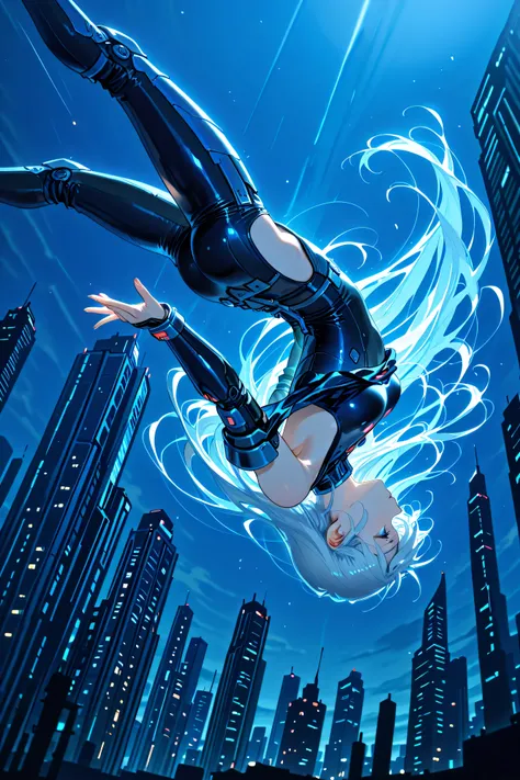 upside-down, backflip,masterpiece, high resolution, an anime girl, armored girl, cute face, detailed face, very long hair, white hair, blue eyes, from below, low angle, from side, profile, skydiving, upside-down, dynamic angle, dynamic action, ((falling do...