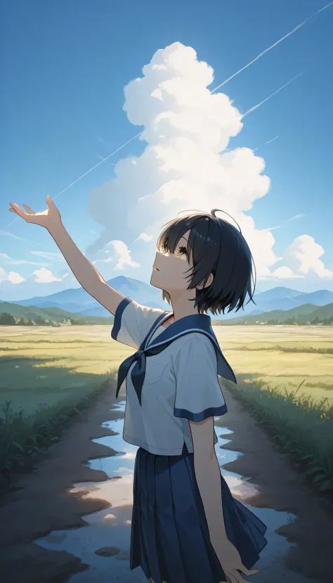 a landscape after the rain, outdoor, outside,look up at a clear sky,create a bright image that makes you feel a new beginning, black short hair, yellow eyes, summer, korean highschool uniform, One hand stretched out to the sky