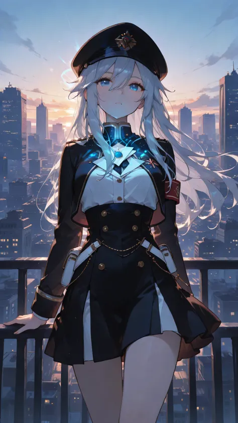 Beautiful Female Delivery Man Holding a Magic Letter、Long Silver Hair、Mysterious Blue Eyes、Fitted Black Uniform、Glowing Delivery Bags、cityscape at dusk、Floating Letter、Magical Light、misty atmosphere、low angle