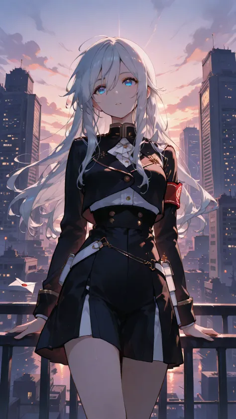 Beautiful Female Delivery Man Holding a Magic Letter、Long Silver Hair、Mysterious Blue Eyes、Fitted Black Uniform、Glowing Delivery Bags、cityscape at dusk、Floating Letter、Magical Light、misty atmosphere、low angle