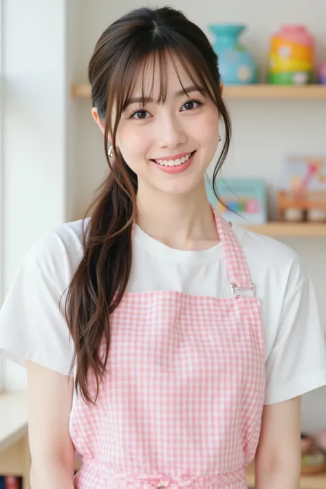 (top quality、best masterpiece、8k、best image quality、winning works)、(Beautiful 30 year old female nursery teacher:1.1)、 big boobs、(face close-up:1.1)、(A long ponytail that exposes the forehead:1.3)、dark haired、(cute white and pink checkered plaid apron:1.3...