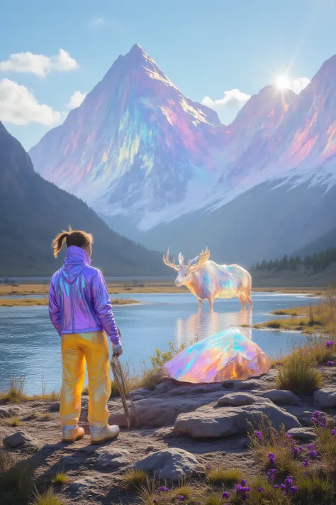 an iridescent mountain landscape with mineral deposits on the peaks of the mountains, the mountains have dew covered grassy prairies at the ground level, the mountains are tall and have a lake dividing them, there is a large blue heron flying in the sky, t...