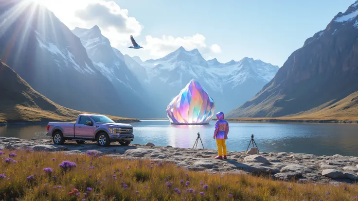 an iridescent mountain landscape with mineral deposits on the peaks of the mountains, the mountains have dew covered grassy prairies at the ground level, the mountains are tall and have a lake dividing them, there is a large blue heron flying in the sky, t...