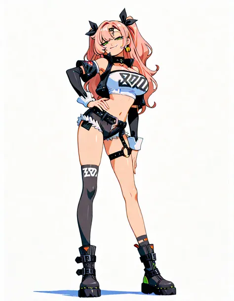 masterpiece masterpiece, ultra-HD, impressionism, high detail, best quality, very aesthetic, 8k, best quality, beautiful , anime coloring , nicole demara (zenless zone zero), solo , pink hair, long hair, green eyes , tube top, single thighhigh, short short...