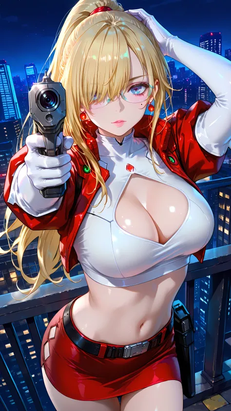 guardians, Kurokishi,1boy,age26,solo,(aiming to own head,aiming to self,aiming to viewer),incoming shot,dynamic angle,holding double gun,gloves, white gloves, elbow gloves, long hair,ponytail, breasts, large breasts, cleavage, cleavage cutout, clothing cut...