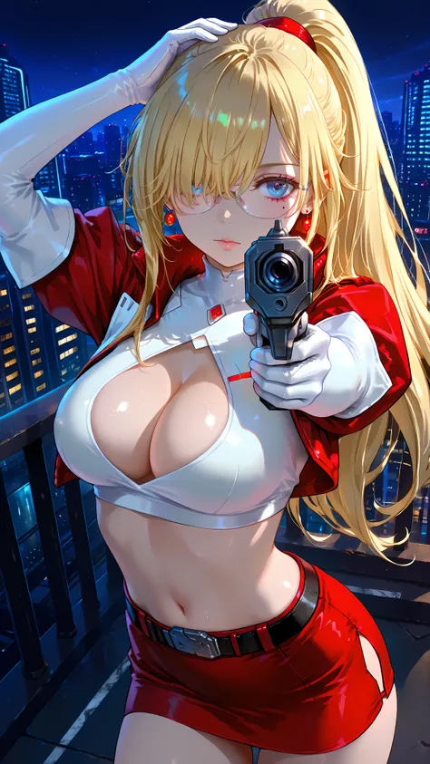 guardians, Kurokishi,1boy,age26,solo,(aiming to own head,aiming to self,aiming to viewer),incoming shot,dynamic angle,holding double gun,gloves, white gloves, elbow gloves, long hair,ponytail, breasts, large breasts, cleavage, cleavage cutout, clothing cut...