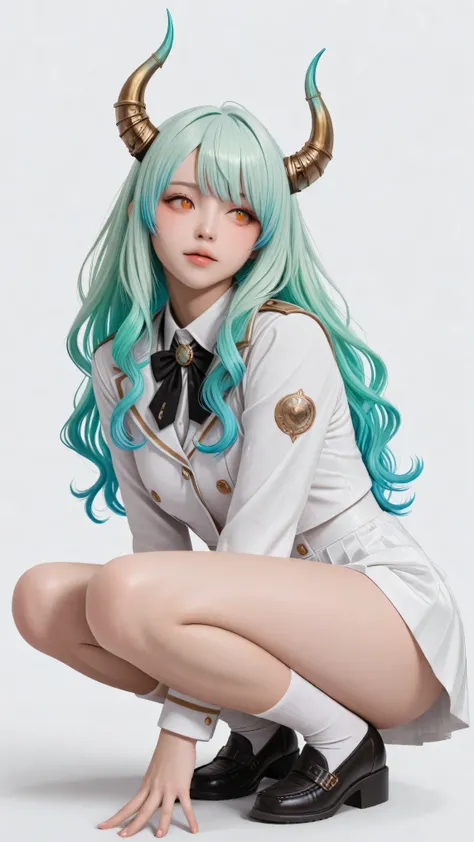 One Woman Squatting、full body shot、　Greatest Masterpiece、 top quality、 Perfect appearance 、 Highest Resolution、 8k、 excellent quality、 detailed eyes、 clear eyes、 Dynamic Configuration、 dynamic pose、 makes the face clearly visible、 low angle、 She's Turning ...