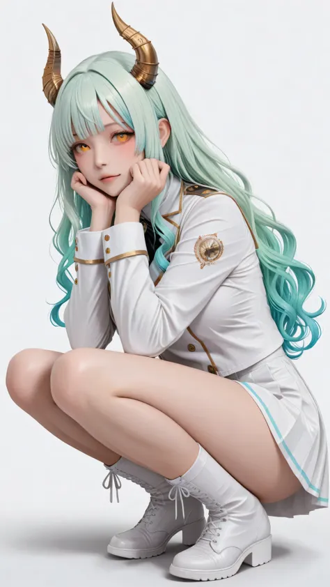 One Woman Squatting、full body shot、　Greatest Masterpiece、 top quality、 Perfect appearance 、 Highest Resolution、 8k、 excellent quality、 detailed eyes、 clear eyes、 Dynamic Configuration、 dynamic pose、 makes the face clearly visible、 low angle、 She's Turning ...