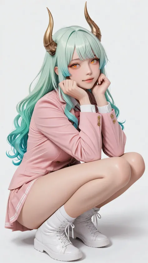 One Woman Squatting、full body shot、　Greatest Masterpiece、 top quality、 Perfect appearance 、 Highest Resolution、 8k、 excellent quality、 detailed eyes、 clear eyes、 Dynamic Configuration、 dynamic pose、 makes the face clearly visible、 low angle、 She's Turning ...