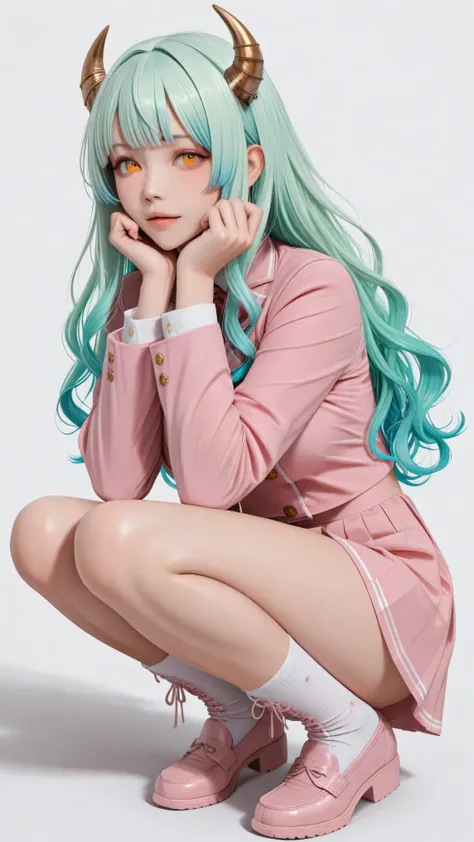 One Woman Squatting、full body shot、　Greatest Masterpiece、 top quality、 Perfect appearance 、 Highest Resolution、 8k、 excellent quality、 detailed eyes、 clear eyes、 Dynamic Configuration、 dynamic pose、 makes the face clearly visible、 low angle、 She's Turning ...